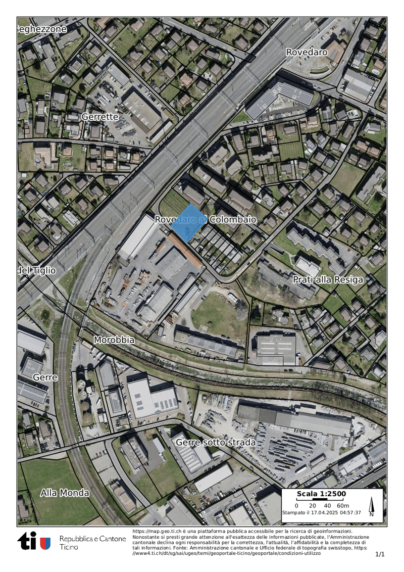 The image shows a detailed map of an urban area, including various neighborhoods and landmarks such as Rovedaro, Colombaio, Morobbia, Gerre, and Alla Monda. The map also indicates the presence of a parking area or place.
