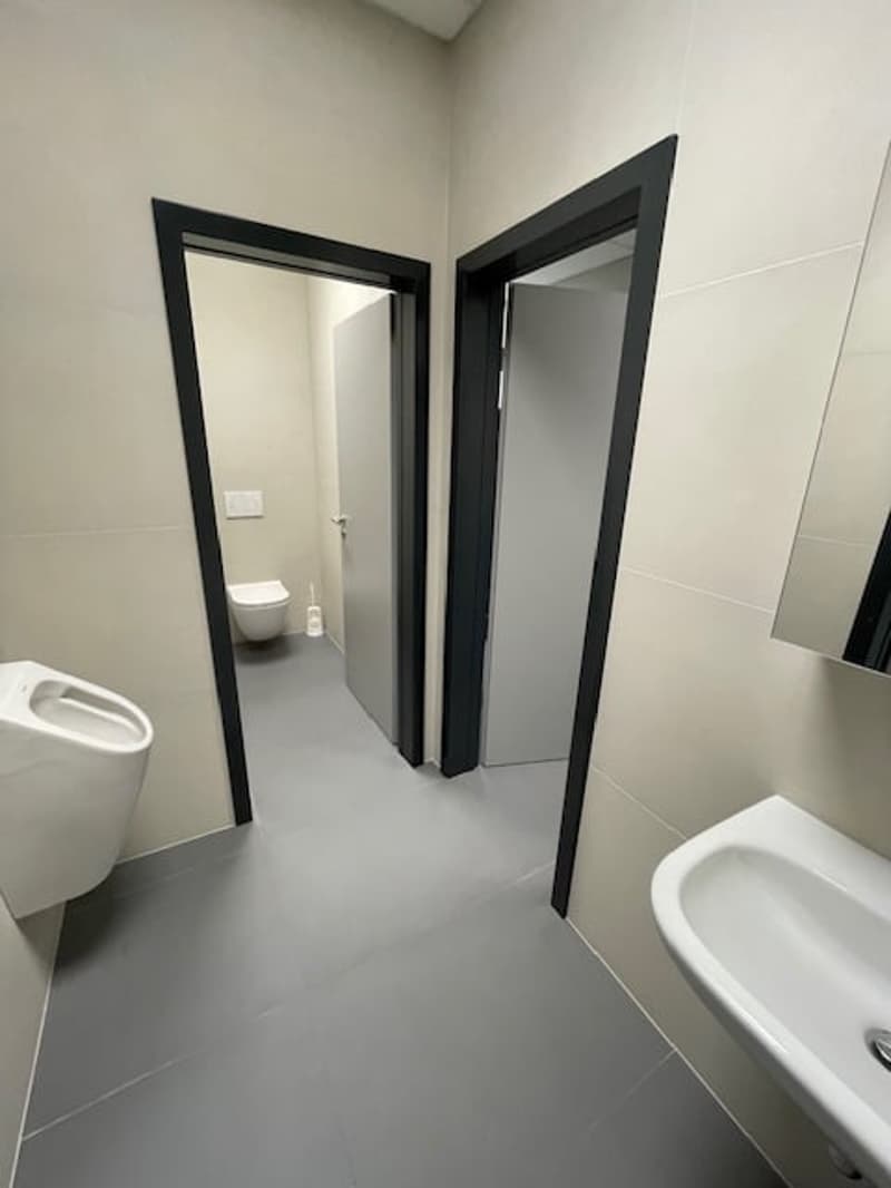 The image shows a bathroom with a clean, minimalist design. It has white walls, a white toilet, and a white sink. The floor is covered in gray tiles. There are two black-framed mirrors on the wall, creating a sleek and modern look.