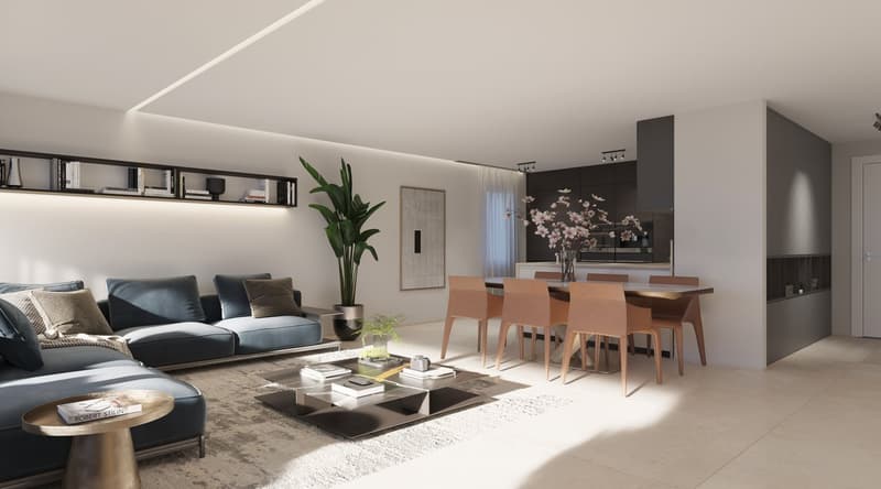 Open-concept living and dining area with modern, minimalist design. Large black leather sofa, wooden coffee table, and built-in shelving units along the wall. Dining table with wooden chairs, and a floral artwork on the wall. The room has large windows, p