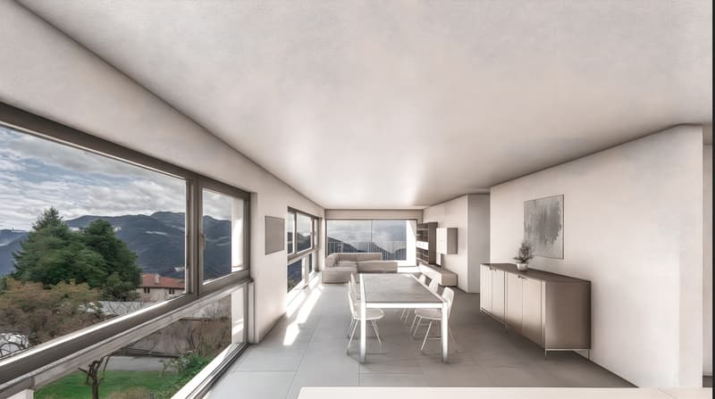 Spacious open-plan living area with large windows offering a scenic mountain view, modern furniture including a dining table and chairs, a sofa, and a sideboard, minimalist decor with neutral colors and abstract artwork on the walls