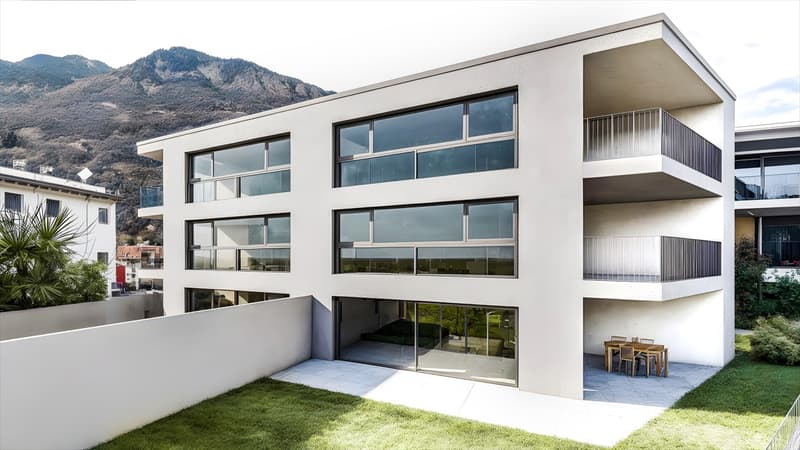 Modern multi-story apartment building with large windows, balconies, and a grassy outdoor area in the foreground. The building has a clean, minimalist design with a mix of glass and concrete elements. The surrounding landscape includes mountains in the ba