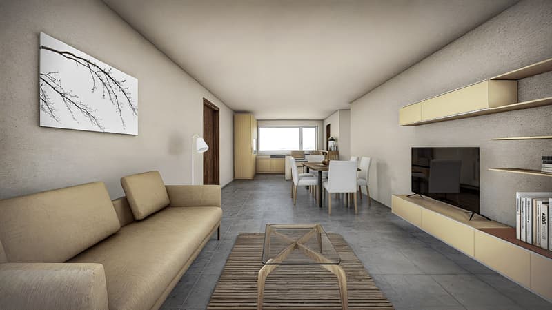 L-shaped beige sofa, glass coffee table, beige rug, flat screen TV on stand, large beige built-in shelves, beige walls, beige floor, dining table and chairs, beige lamp