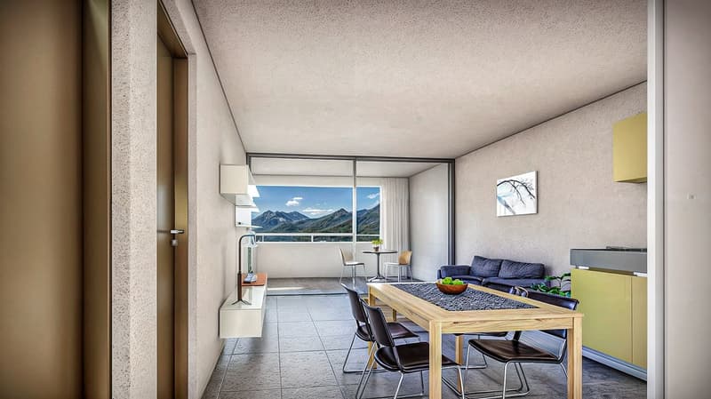Open living space with dining table, chairs, couch, mounted TV, window with balcony, cabinets, decorative bowl with fruit on table, framed wall art, potted plants on window sill, tiled flooring