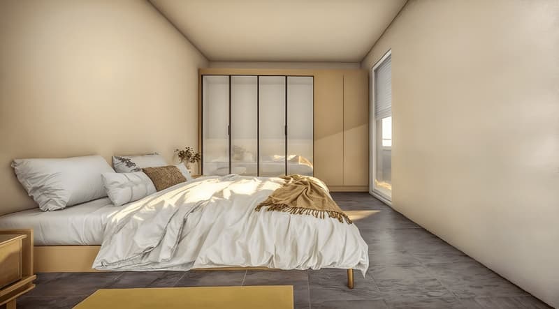 Modern bedroom with a bed, decorative pillow, rug, nightstand, sliding doors, plant, and natural light
