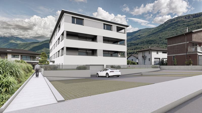 A modern white building with multiple floors and balconies, set in a scenic mountainous area.