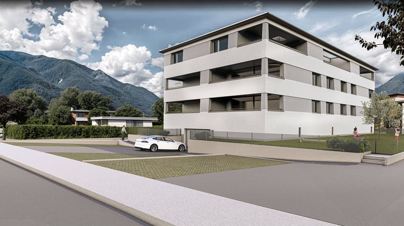 Modern apartment building, white exterior, multiple balconies, greenery, large windows, mountains in the background, driveway, car parked in front