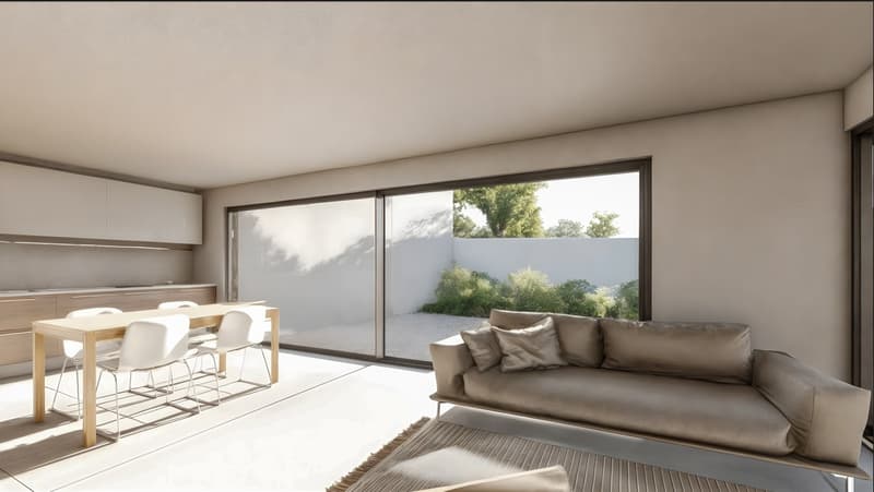 Dining table, white chairs, glass sliding doors to terrace, sofa, neutral tones