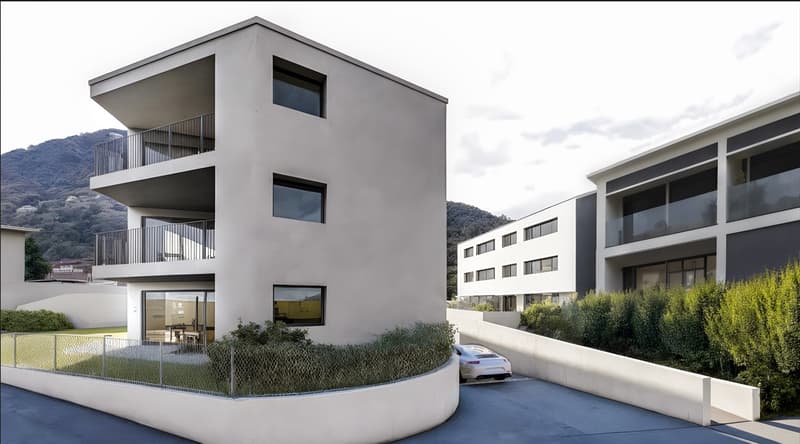 Modern design 3 story house, white exterior, gray concrete accents, balcony, parking space, car on driveway