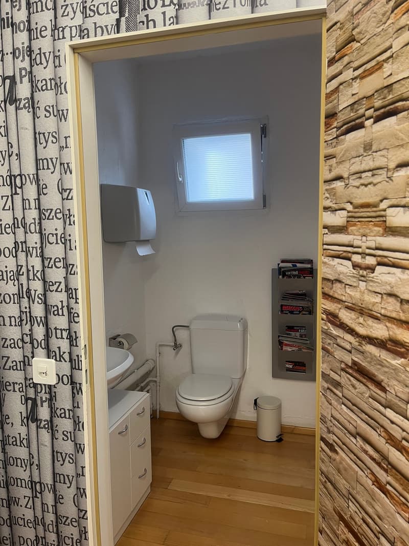 small bathroom with toilet, sink, trash can, and magazine holder
