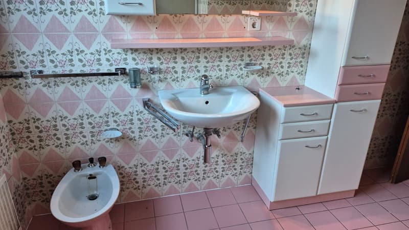 Bathroom with a bidet, sink, cabinet, floral tiles, and a power outlet on the wall
