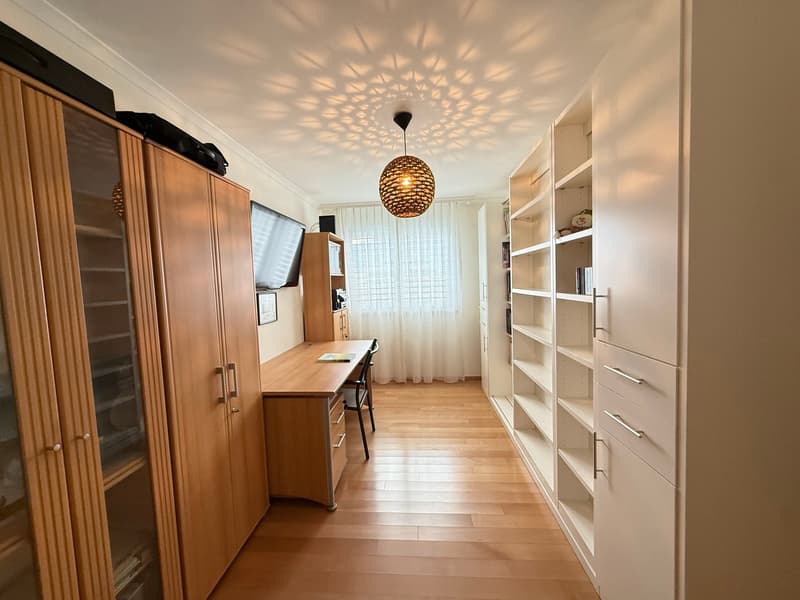 wooden floor, wooden desk, chair, wooden cabinets, shelves, TV, lamp