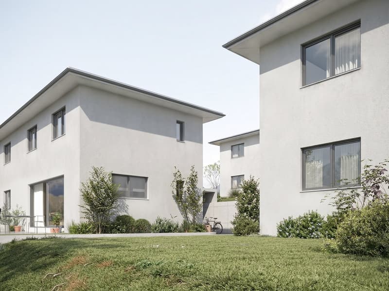 Modern two-story house, white exterior, large windows, glass doors, small garden, bicycle