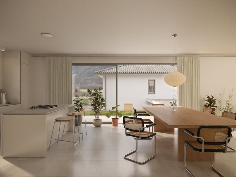modern kitchen with island, dining area with large table, large windows, plants