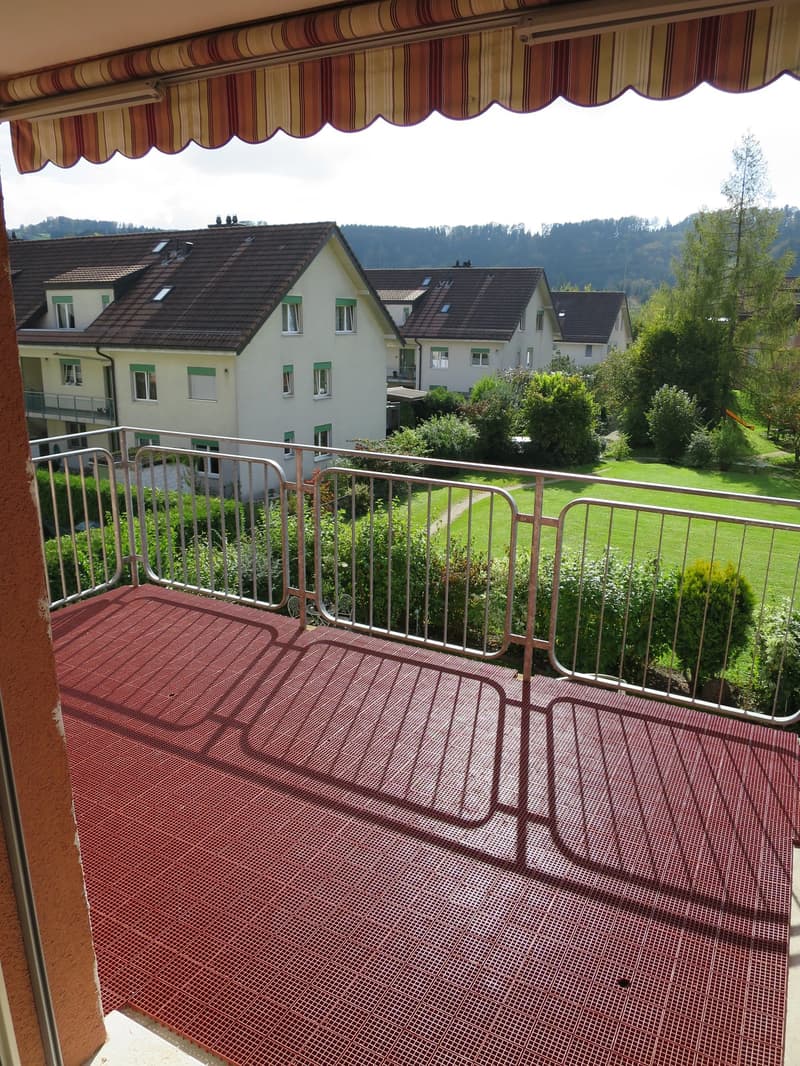 Terrace with red floor, steel railing, awning, and scenic view of green lawn and houses