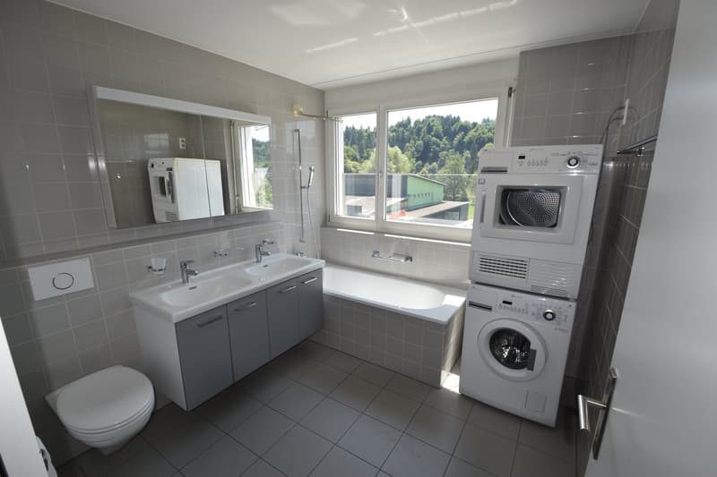 two sinks, bathtub, toilets, washing machine, microwave, grey tiles, mirror