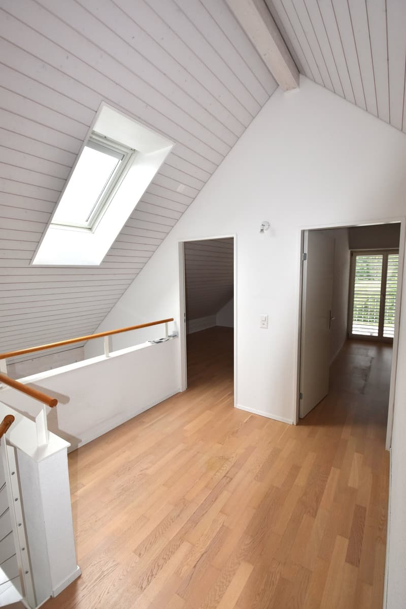open floor plan, wooden floors, white walls, attic skylight, wooden handrail, doors