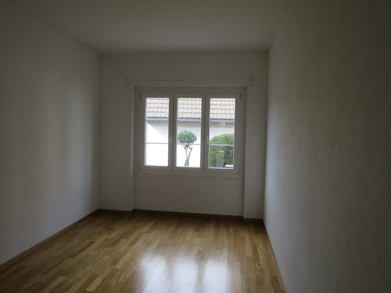 empty room, wooden floor, white walls, large window with view of trees