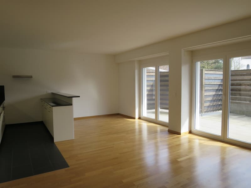 empty room, wooden floor, white walls, sliding glass doors, balcony