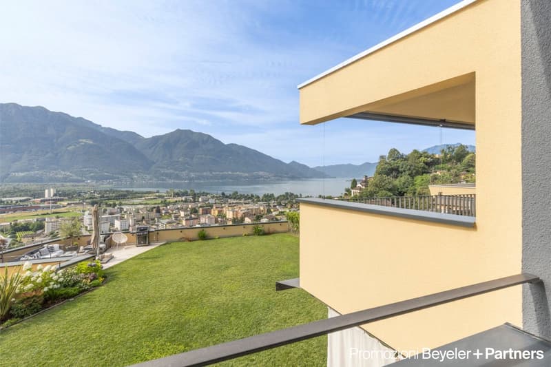 House with terrace, city view, lake, mountain, green lawn, well-maintained garden
