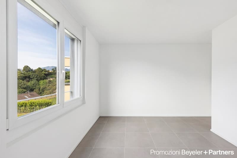 empty room, large windows, tiled floor, white walls