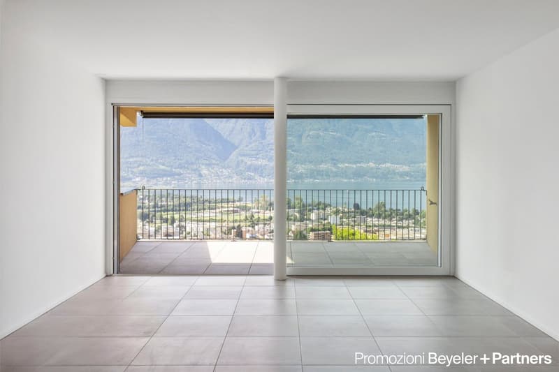 large windows, sliding glass doors, balcony, tiled floor, open room