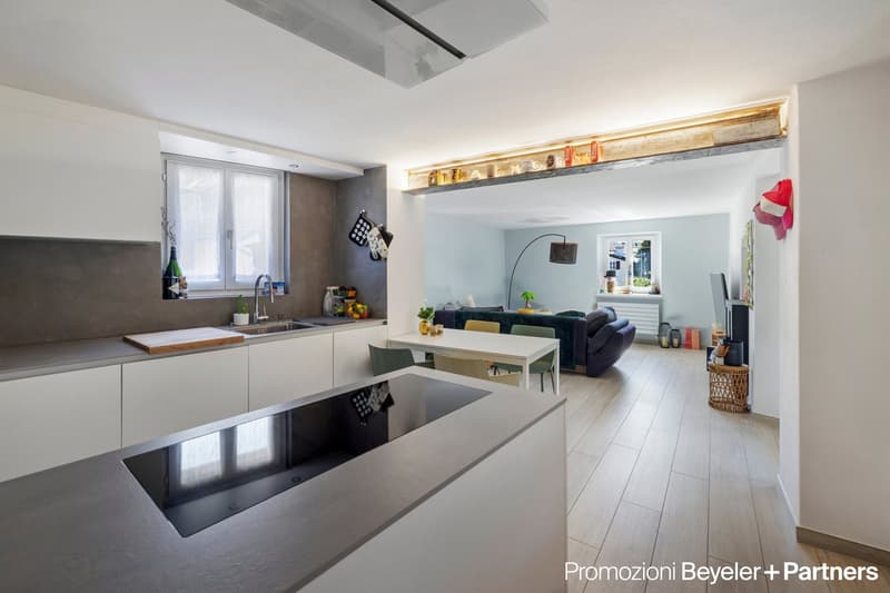 modern kitchen with island, central sink, induction hob, refrigerator, cabinets, windows, large dining table, bright living room