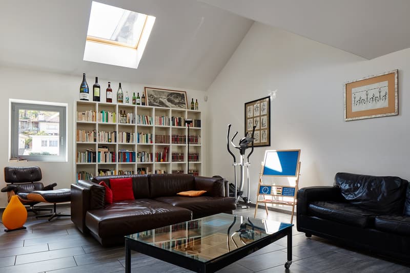 Living room with a large couch, a glass table, a bookshelf, a window, and a skylight