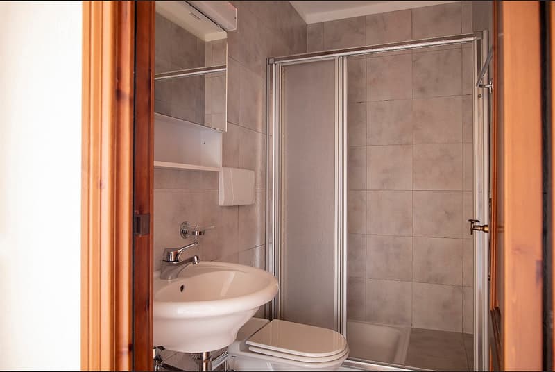 Tiled bathroom with a sink, toilet, and a glass-enclosed shower stall