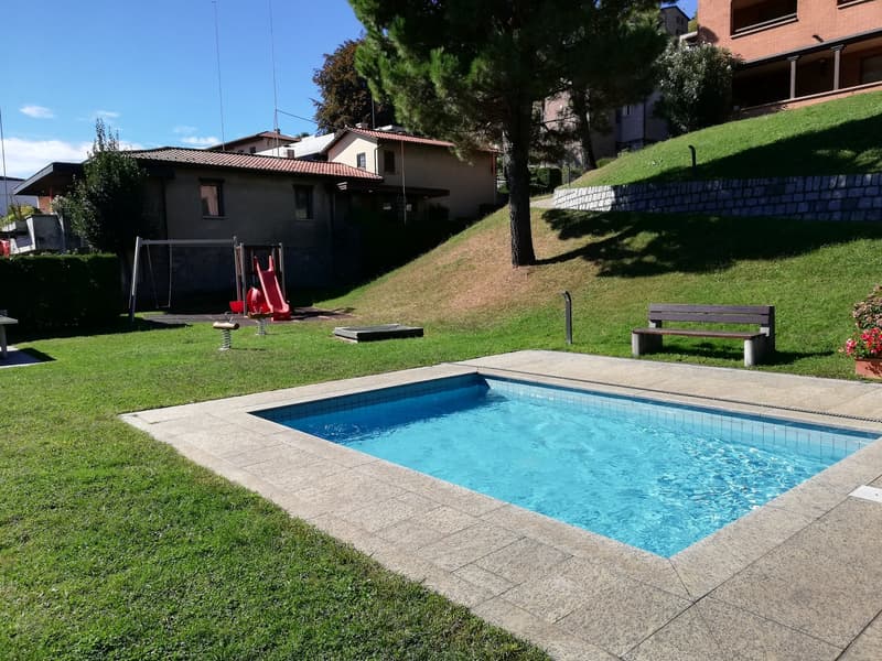 small swimming pool, bench, swing, slide, tree, house in the background