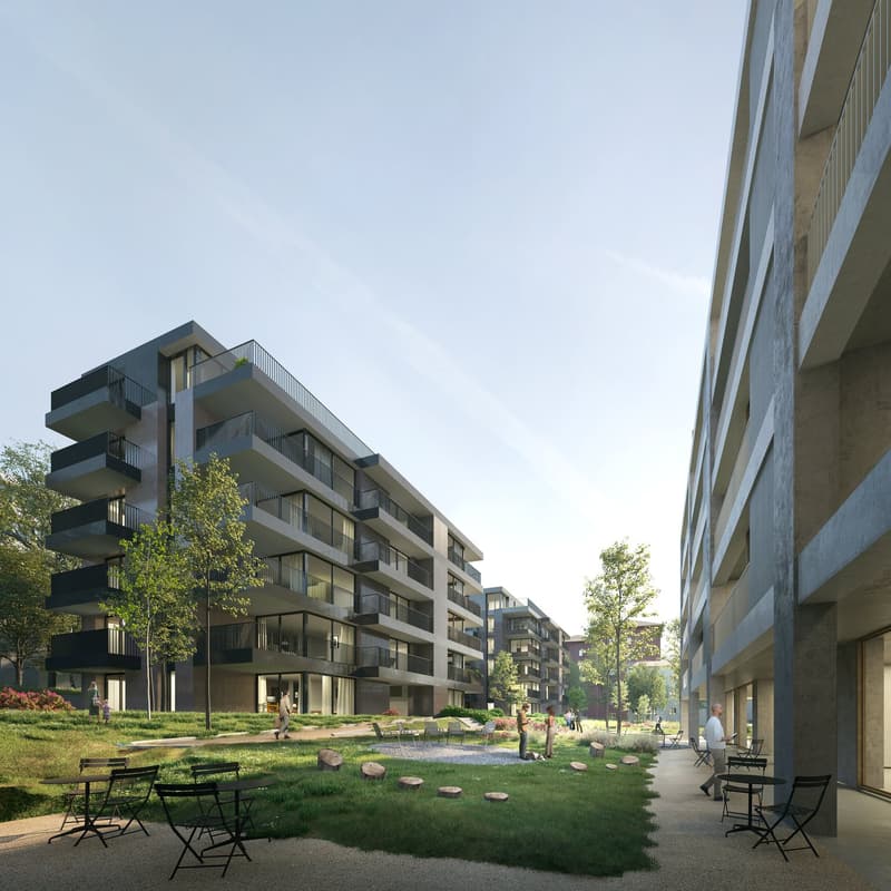 Modern apartment building with multiple balconies, landscaped courtyard, pathways, seating areas, and trees