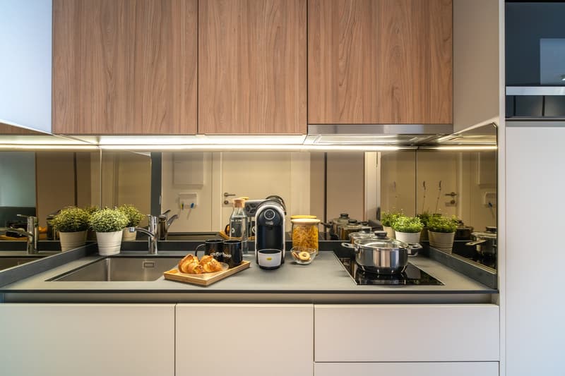 Modern kitchen with wooden cabinets, stainless steel appliances including a coffee maker and dishwasher, and various cooking utensils and plants on the countertop