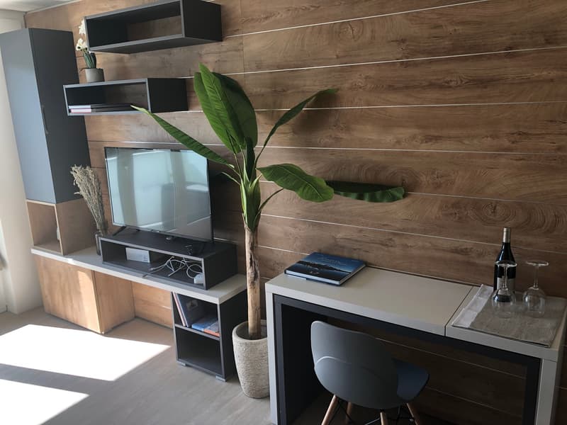 Modern living room with wooden accent wall, built-in TV unit, potted plant, and a desk with a chair