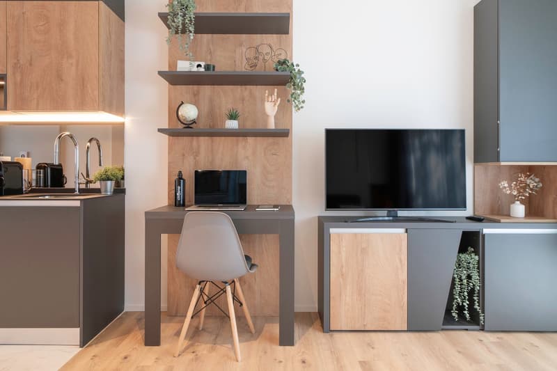 Compact studio apartment with open kitchen, dining, and living area. Wooden shelves with decorative items, laptop on desk, TV stand with storage, and kitchen appliances including dishwasher and washing machine.