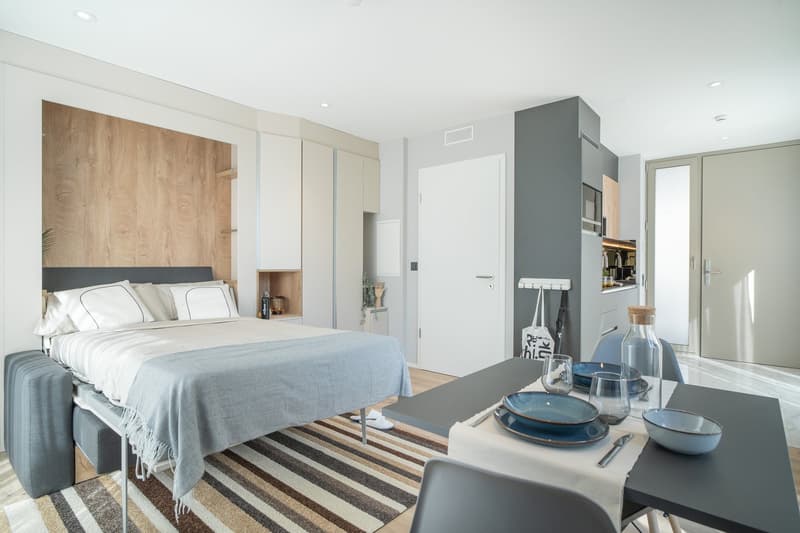 Spacious studio apartment with a modern, minimalist design. The room features a large bed with a wooden headboard, built-in storage units, and a kitchenette area with a dishwasher. The space is bright and airy, with large windows and a neutral color palet