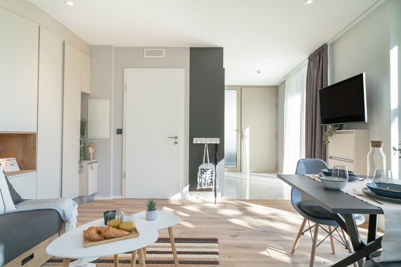 Open-concept studio apartment with hardwood floors, white walls, large windows, a living area with a sofa, a dining area with a table and chairs, a kitchen with appliances including a dishwasher, and a balcony or terrace visible.