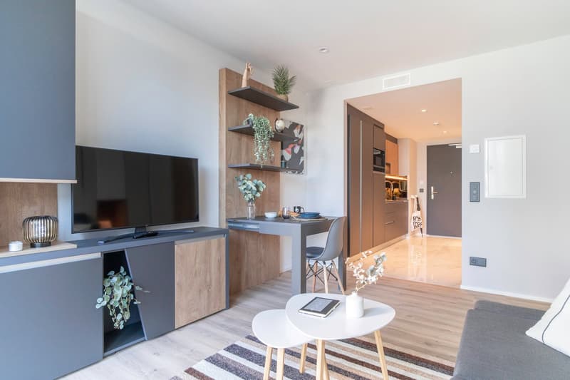 Modern and minimalist living room with a large TV, wooden shelving unit, small dining table, and hardwood flooring. The room has a balcony or terrace visible through the doorway.