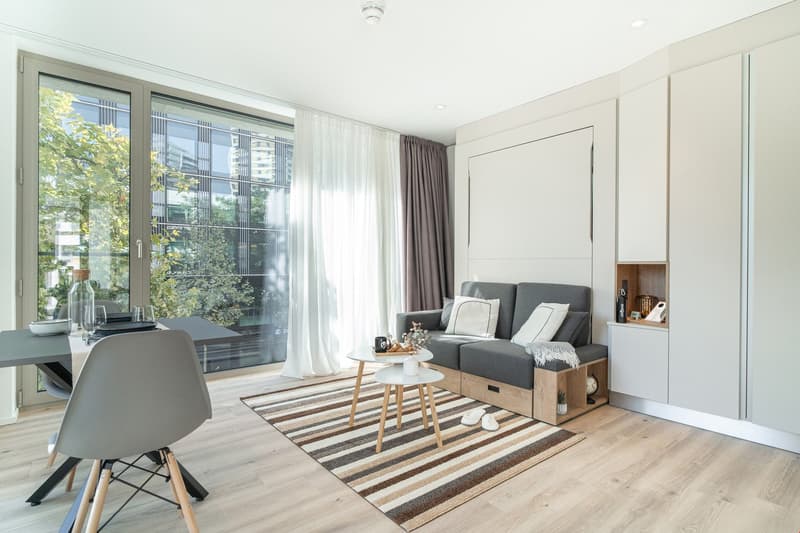 Spacious living room with large windows overlooking a balcony, grey sofa, wooden coffee table, striped rug, and built-in storage unit