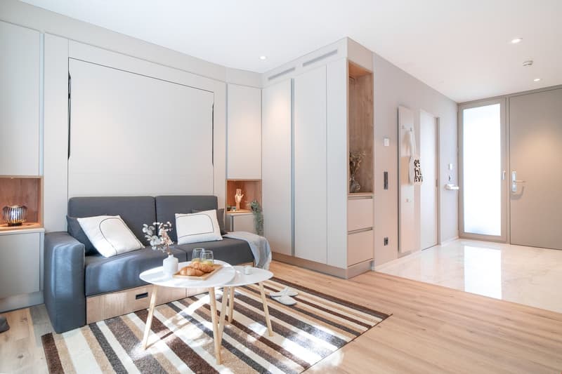 Spacious studio apartment with hardwood floors, white walls, large windows, gray sofa, coffee table, and built-in storage units.