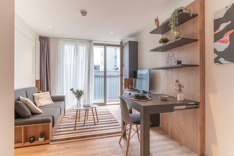 The image shows a modern and cozy studio apartment. The main living area features a gray sofa, a wooden dining table with chairs, and a TV unit with shelves. The apartment has large windows that provide natural light and access to a balcony or terrace. Th