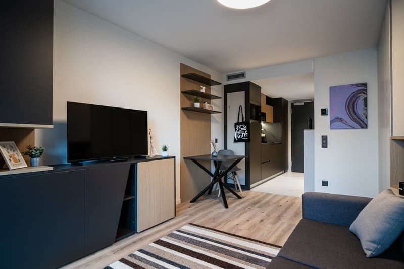 Modern living room with a large TV, shelving unit, desk, and blue sofa. The room has a light wood floor and white walls with a colorful abstract painting. There is a dishwasher visible in the kitchenette area.