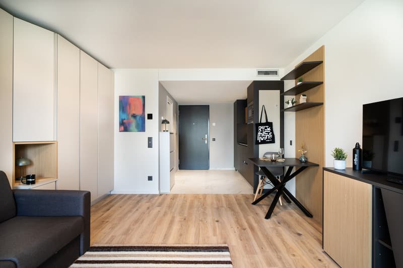 Open-plan studio apartment with hardwood flooring, white walls, built-in storage cabinets, a sofa, a dining table, and a TV stand. The apartment has a balcony or terrace visible through the doorway.