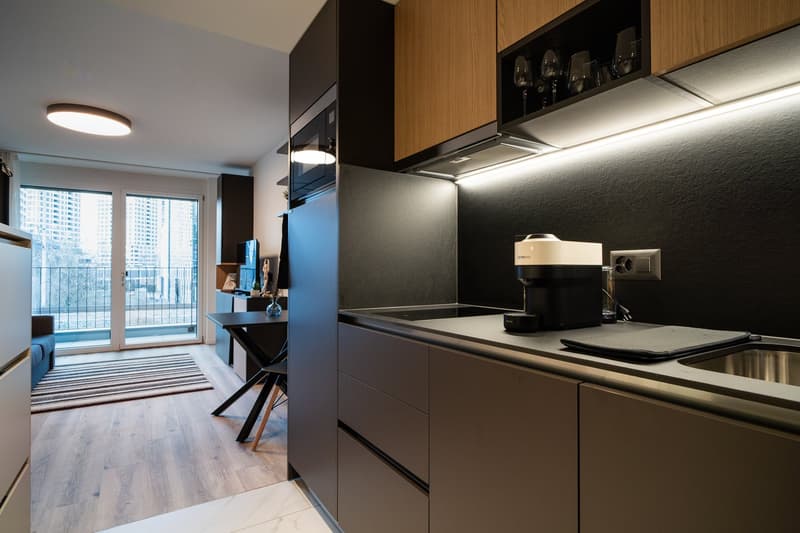 Modern kitchen with dark cabinets, built-in appliances, and a balcony with a view