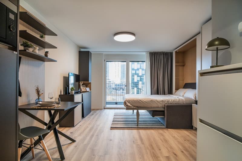 Spacious studio apartment with large windows, hardwood floors, modern furniture and decor, including a dining table, shelves, and a bed. The apartment has a balcony or terrace with a view of the city skyline.