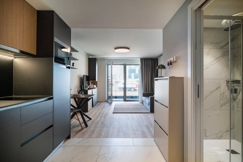 Open-concept studio apartment with modern kitchen, living area, and balcony. The apartment features wood-like flooring, gray walls, and large windows providing natural light. The kitchen has black cabinets and appliances, while the living area has a sofa