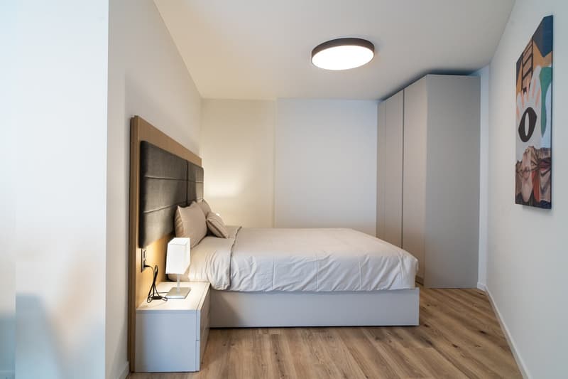 Spacious bedroom with a large bed, wooden flooring, built-in wardrobe, and a modern light fixture. The room has a minimalist and contemporary design.
