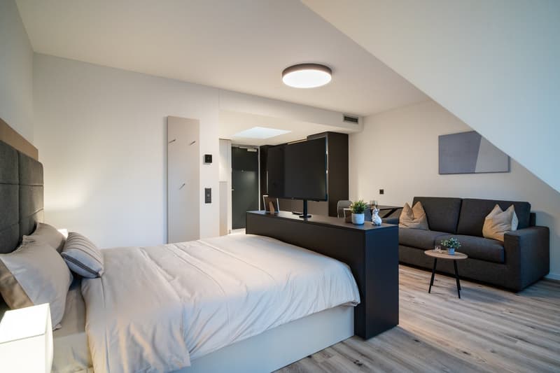 Spacious bedroom with a king-size bed, dark wood furniture, and a living area with a sofa and TV. The room has large windows and a modern, minimalist design.