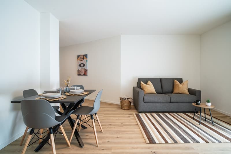 The image shows an open-plan living room and dining area with a modern, minimalist design. The living room features a gray sofa with decorative pillows, a wooden coffee table, and a striped area rug. The dining area has a wooden table with gray chairs. Th