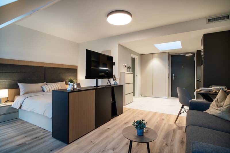 Spacious bedroom with a large bed, wooden furniture, a TV stand, and a seating area. The room has a modern and minimalist design with neutral colors and wood accents. There is a skylight and a door leading to what appears to be a balcony or terrace.