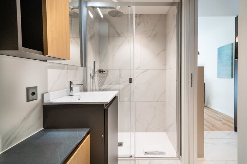 Modern bathroom with marble-like tiles, glass shower enclosure, vanity with sink, and a dishwasher visible.