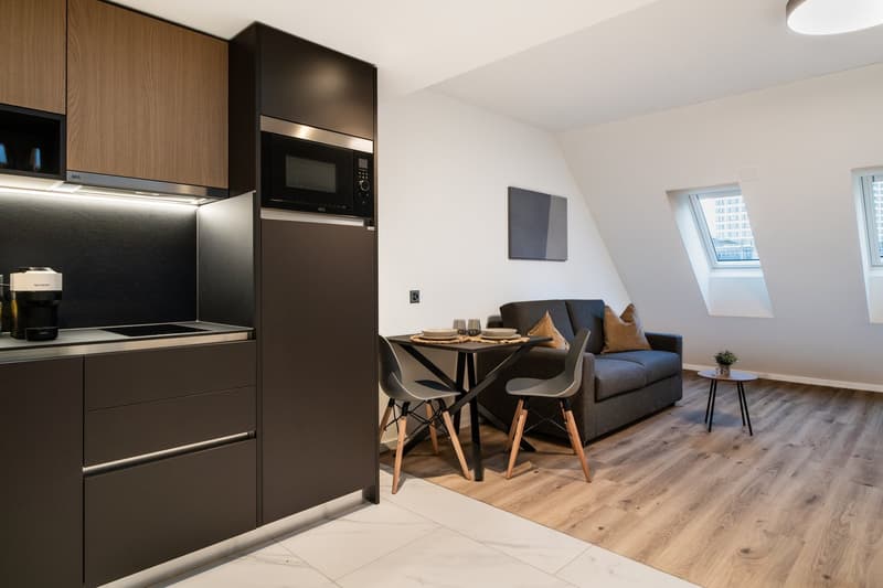 The image shows a modern studio apartment with an open-plan layout. The kitchen area features dark wood cabinets, a built-in microwave, and a dishwasher. The living and dining area has a sofa, a small dining table with chairs, and a side table. The apartm